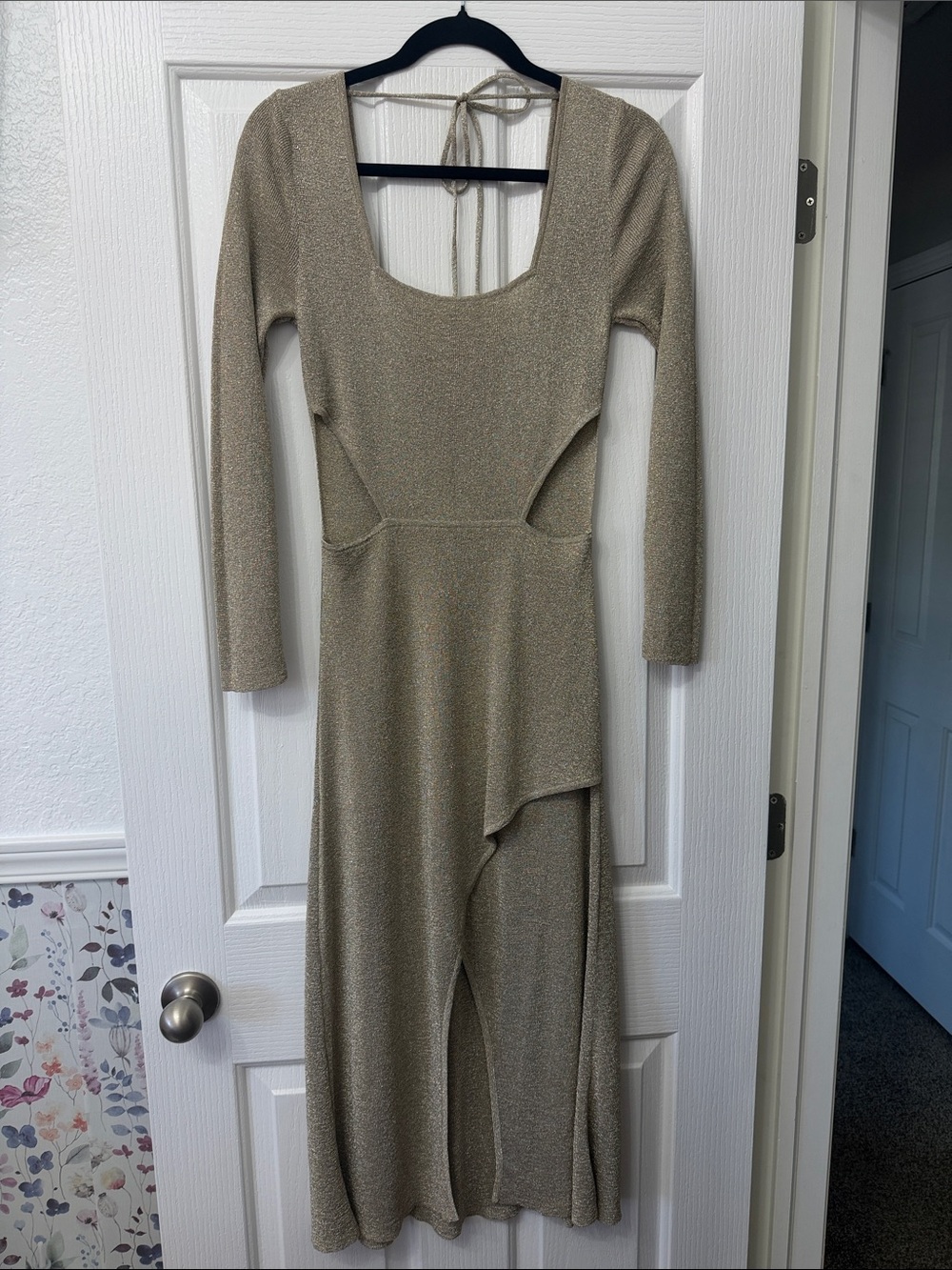 Misa Los Angeles Long Sleeve Metallic Gold Evening Dress with Scoop Neck